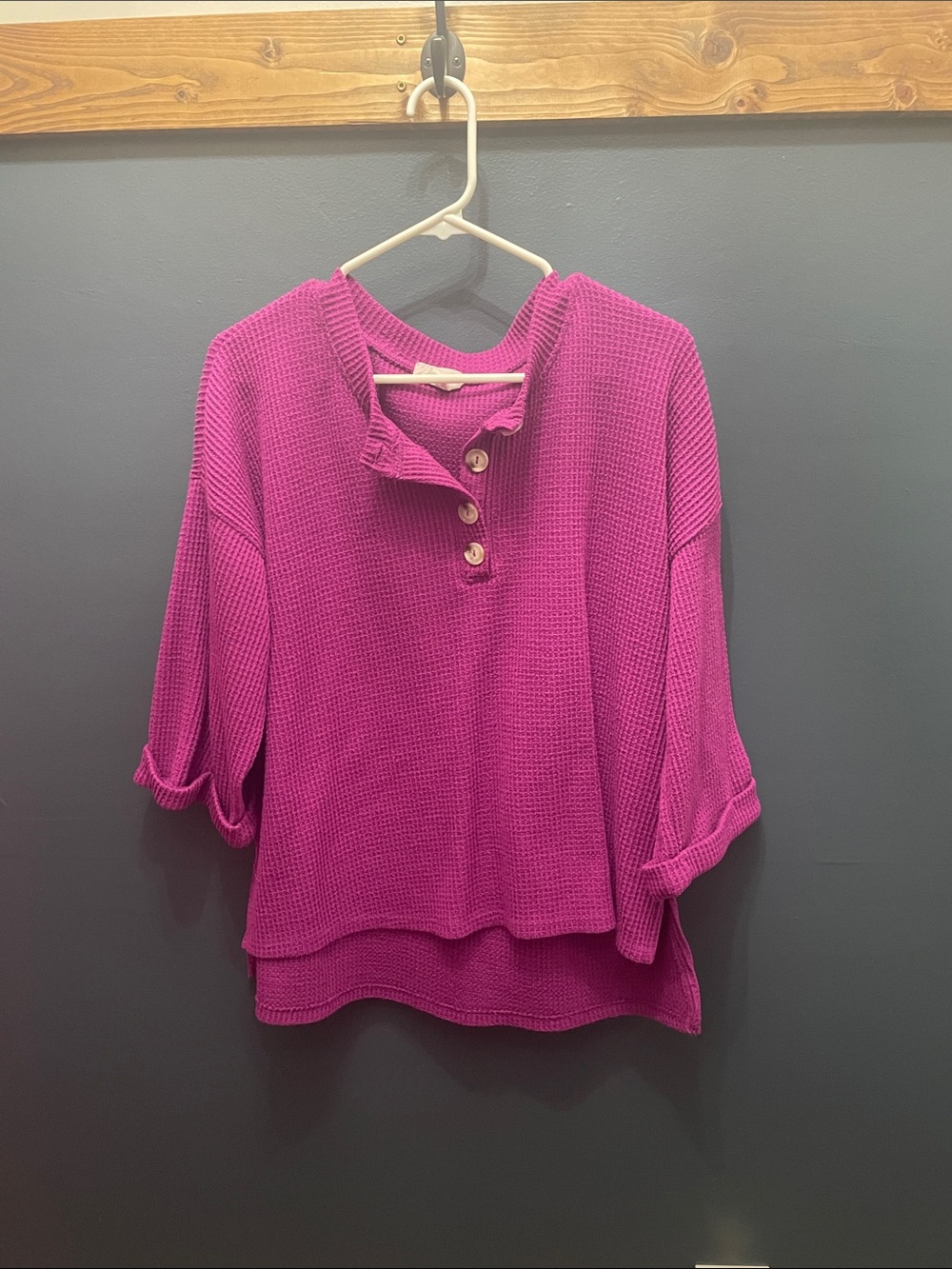 Waffle Knit Button Henley Top - Magenta